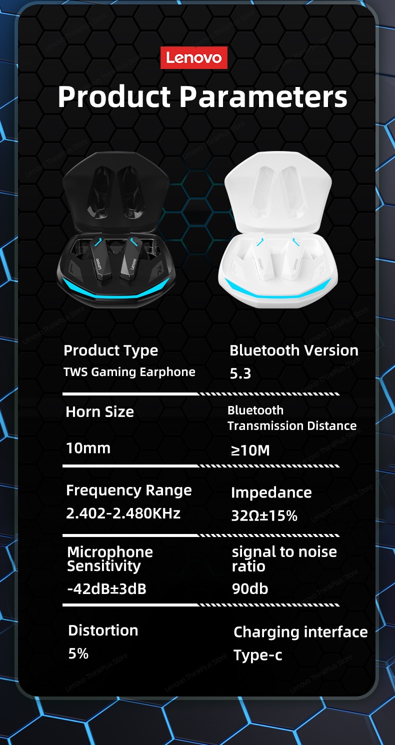 Lenovo Auriculares Inalámbricos GM2 Pro Originales, Cascos con Micrófono, Baja Latencia, Modo Doble de Juegos, Llamadas en HD, Audífonos con Bluetooth 5.3