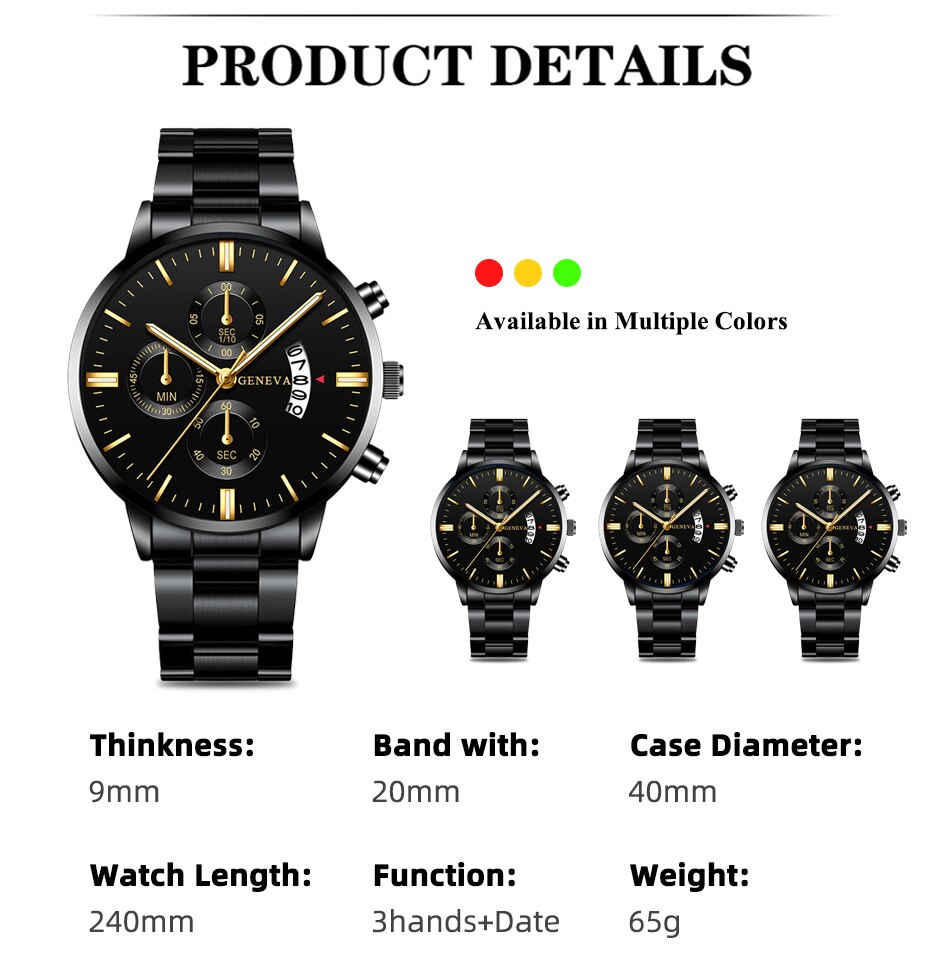 Reloj negro de acero inoxidable para hombres, reloj de pulsera de cuarzo con calendario de lujo, relojes de negocios para hombre, reloj Masculino