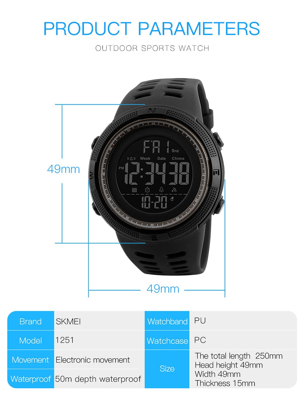 SKMEI Hombres Deportes Relojes de Cuenta Regresiva de Doble Tiempo Reloj Crono Alarma Digital Relojes de Pulsera 50 M Impermeable Relogio masculino 1251