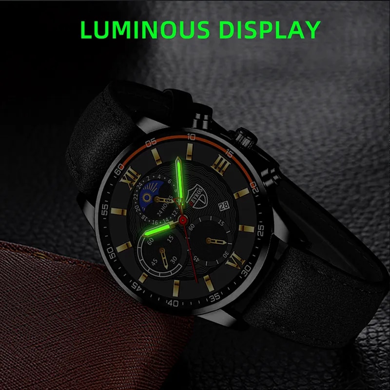 reloj hombre Relojes deportivos de moda para hombre, reloj de pulsera de cuarzo de negocios, pulsera de cuero negro de lujo, reloj luminoso informal para hombre