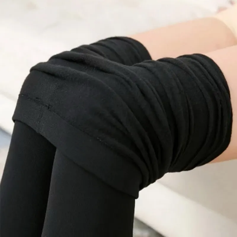 Pantalones térmicos de terciopelo para mujer, pantimedias cálidas de lana de cintura alta, con forro de calcetín, efecto piel, invierno, 100g