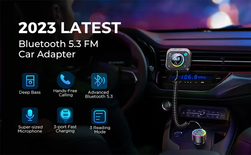 Adaptador Bluetooth 5,3 FM/AUX Bluetooth para coche, 【instalación de ventilación de aire y potencia】 3 puertos PD y QC 3,0 FM Transmisor Bluetooth para coche