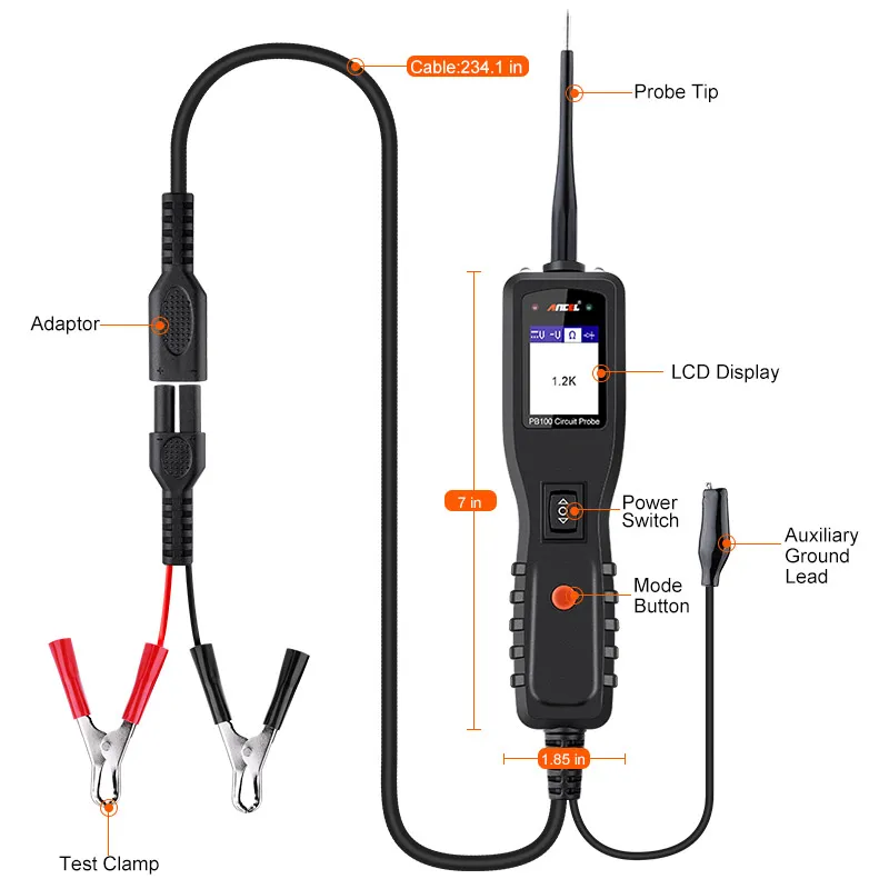 Ancel-probador de circuito automotriz PB100, Kit de sonda de circuito de potencia, herramienta de diagnóstico de sistema eléctrico, escáner de potencia de voltaje de 12V y 24V