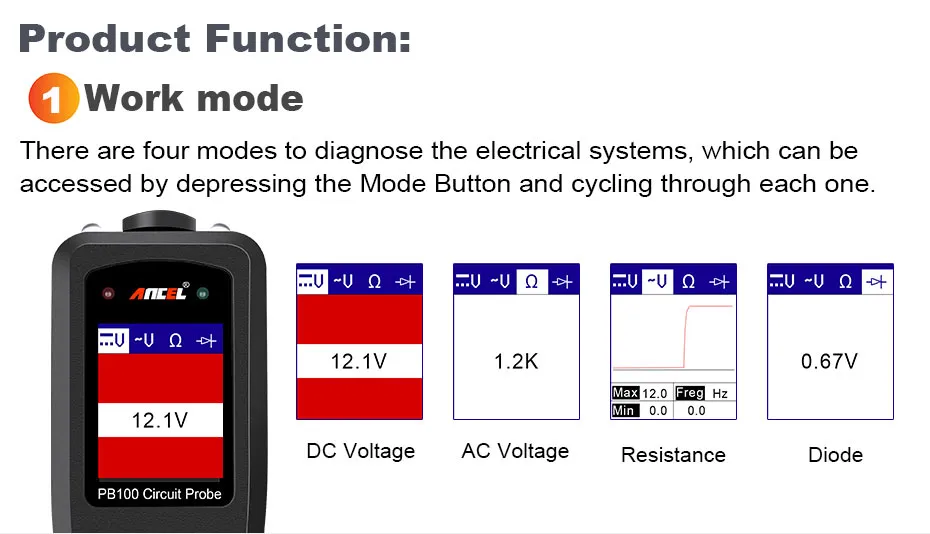 Ancel-probador de circuito automotriz PB100, Kit de sonda de circuito de potencia, herramienta de diagnóstico de sistema eléctrico, escáner de potencia de voltaje de 12V y 24V