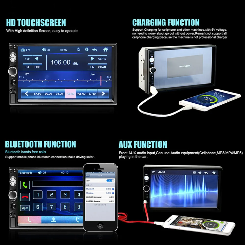 Podofo-Autorradio 2 din con reproductor multimedia y cámara, radio FM estéreo y reproductor MP5 con pantalla táctil, 2 din, Bluetooth, USB, lector TF
