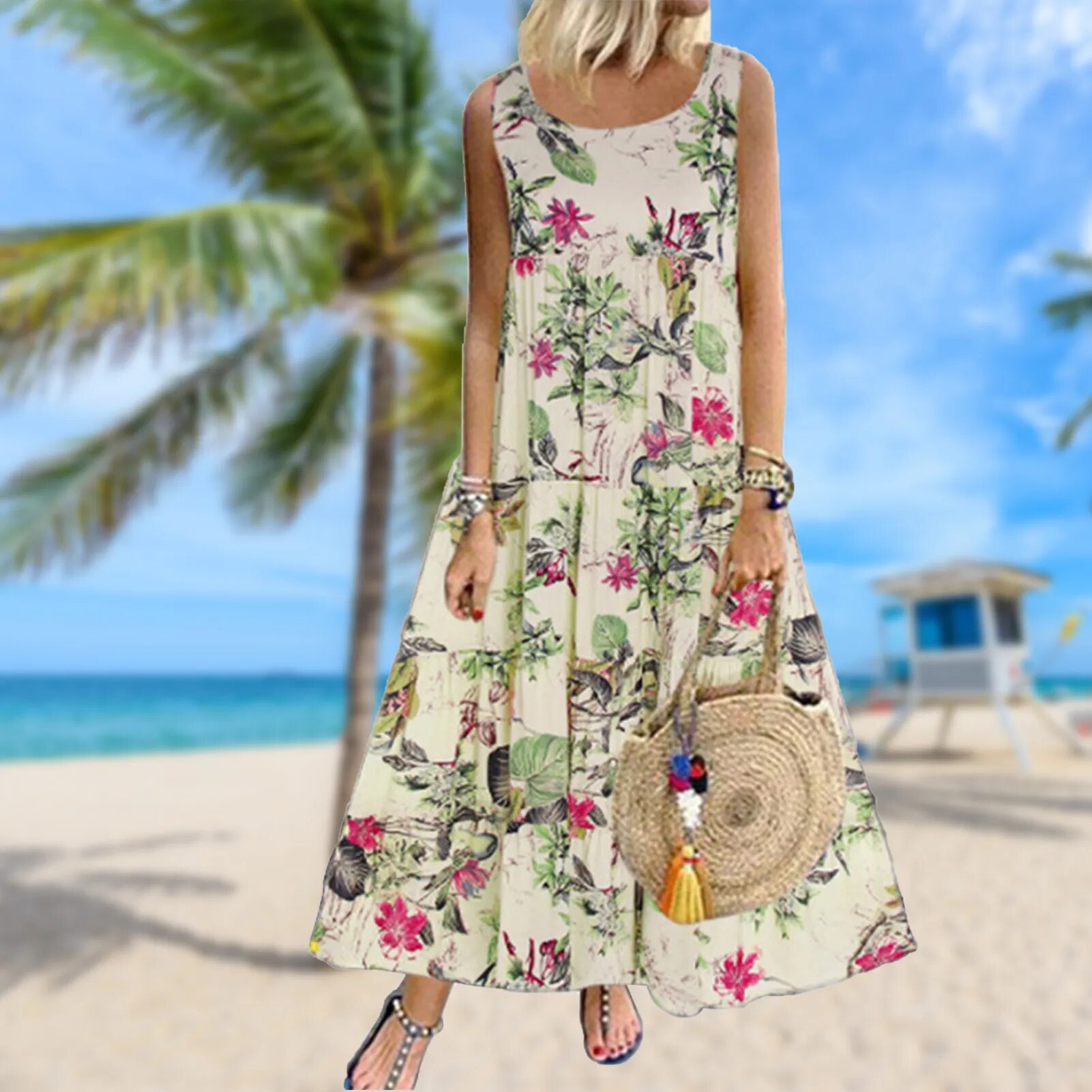 Vestido largo de verano sin mangas con estampado Floral, traje holgado con cuello redondo y volantes, estilo bohemio e informal, 2023
