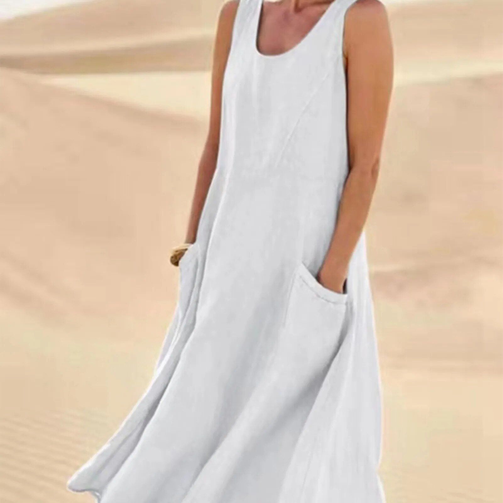 Vestido de verano sin mangas para mujer, prenda elegante de lino y algodón con cuello redondo y bolsillos, Estilo Vintage, 2023