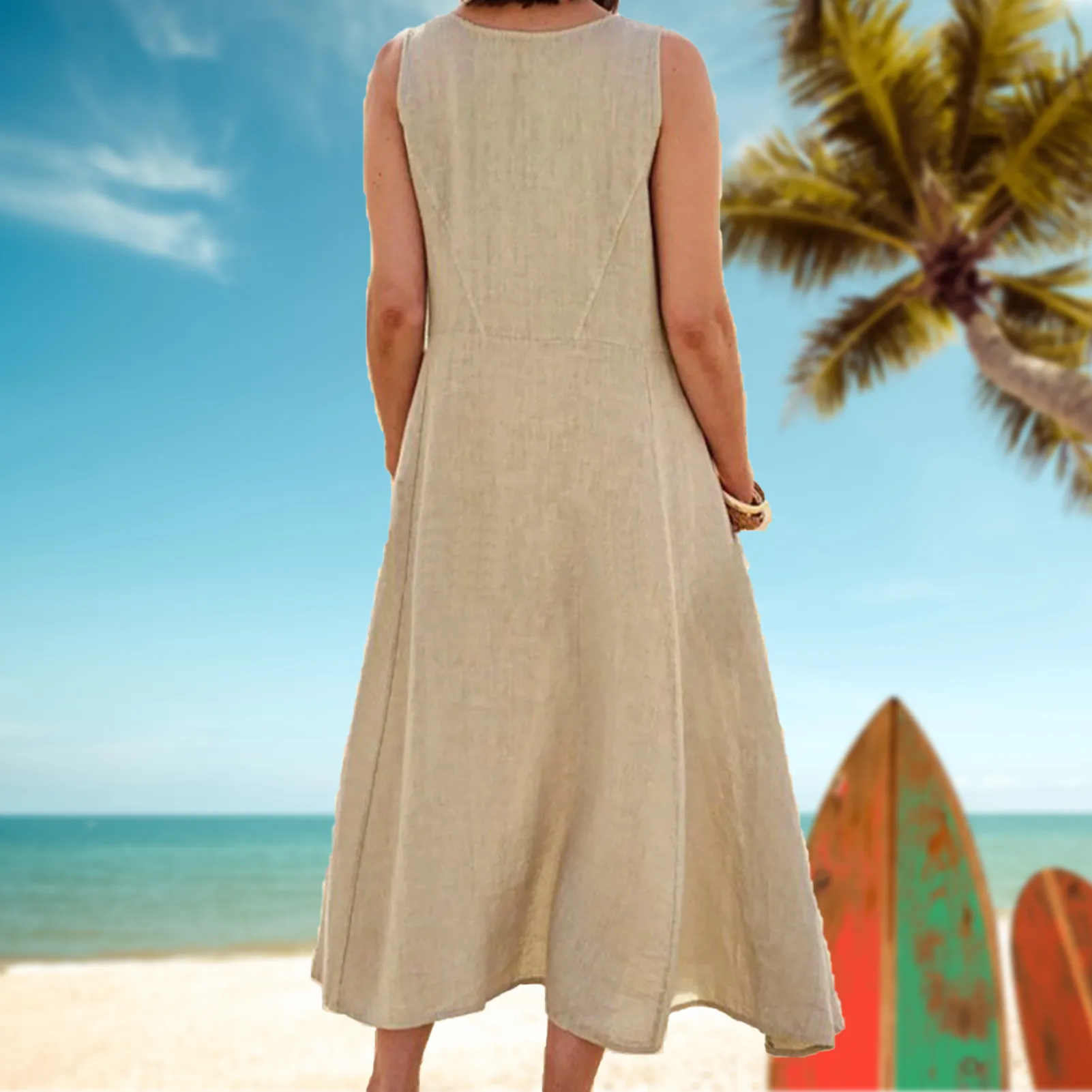 Vestido de verano sin mangas para mujer, prenda elegante de lino y algodón con cuello redondo y bolsillos, Estilo Vintage, 2023