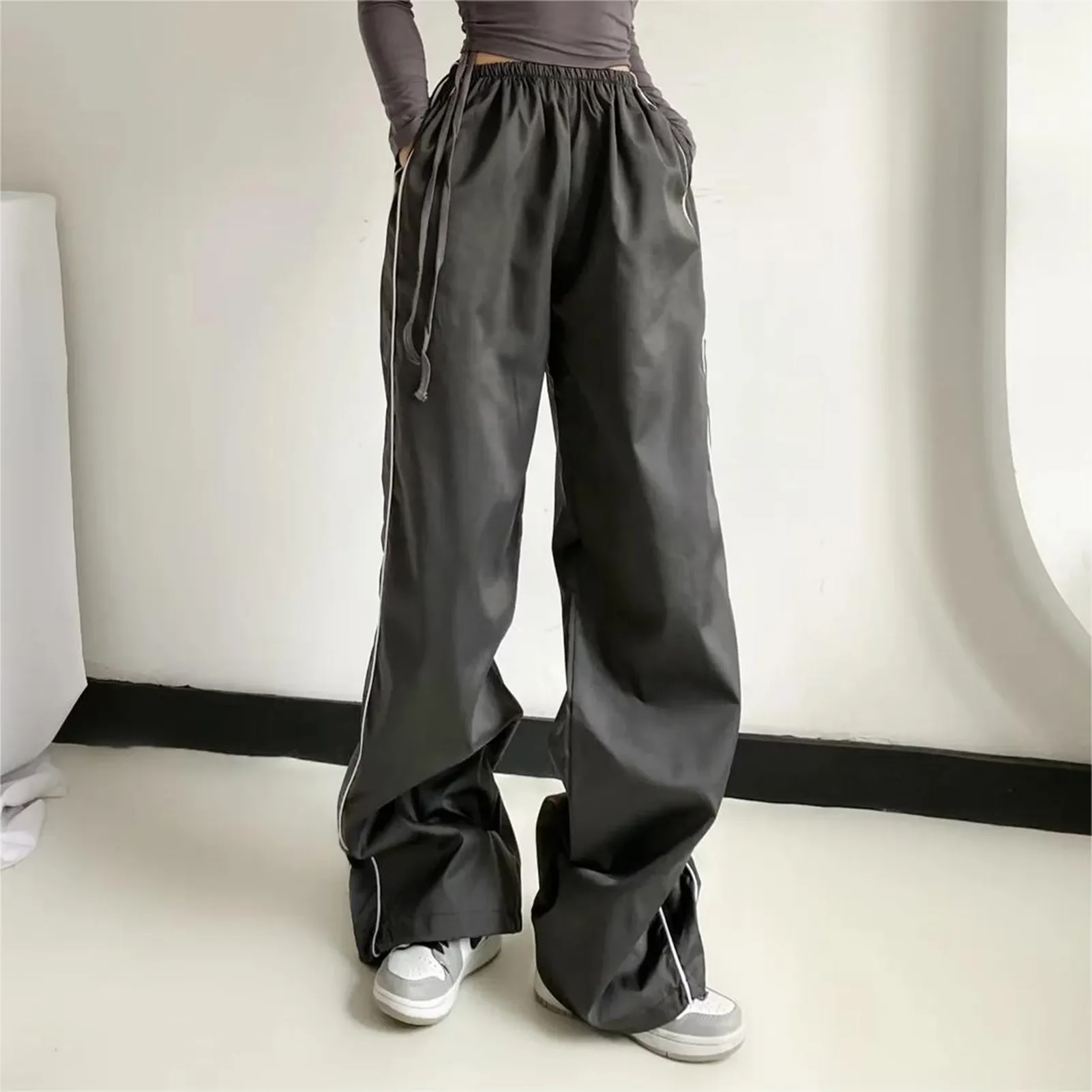 Pantalones Cargo Y2K para mujer, pantalón de chándal sólido de cintura baja, holgado de pierna ancha con cordón, ropa de calle Punk informal, 2023