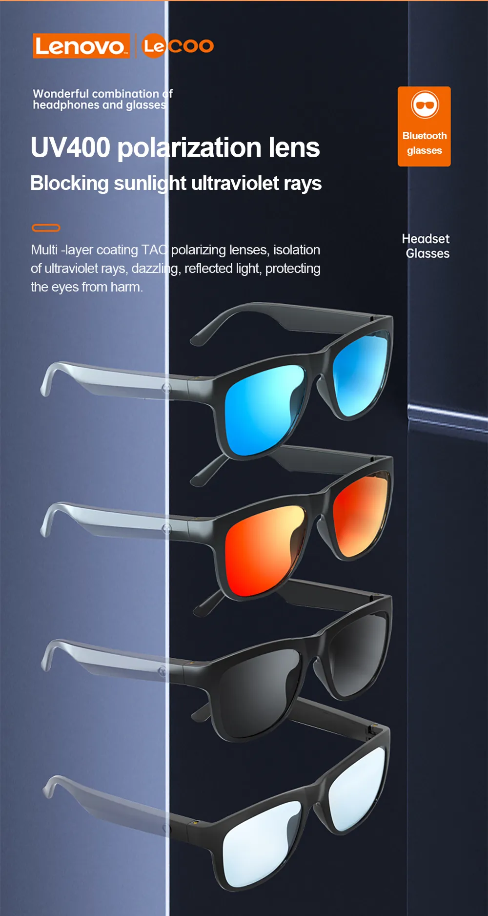 Lenovo Lecoo-gafas inteligentes con Bluetooth 5,0, auriculares inalámbricos para deportes al aire libre, llamadas, música, antiazul