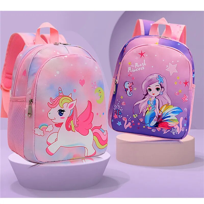 Mochila con estampado de unicornio y sirena para niña, morral escolar de dibujos animados para guardería, mochilas elementales
