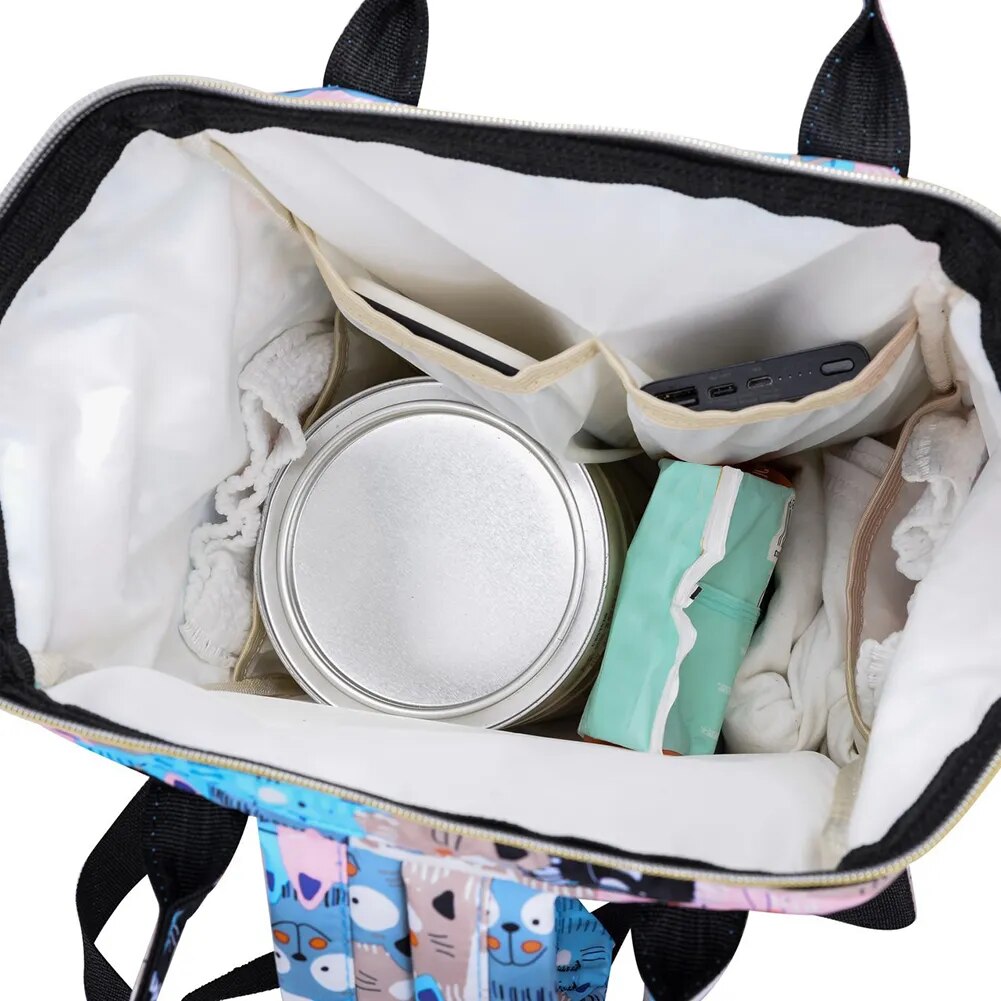 Bolsa de pañales de moda para mamá, bolsa de pañales portátil de viaje de gran capacidad con estampado de gatos Ballon arcoíris, botella de leche, mochila para cochecito