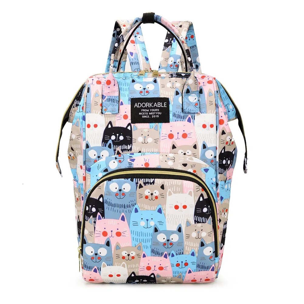 Bolsa de pañales de moda para mamá, bolsa de pañales portátil de viaje de gran capacidad con estampado de gatos Ballon arcoíris, botella de leche, mochila para cochecito