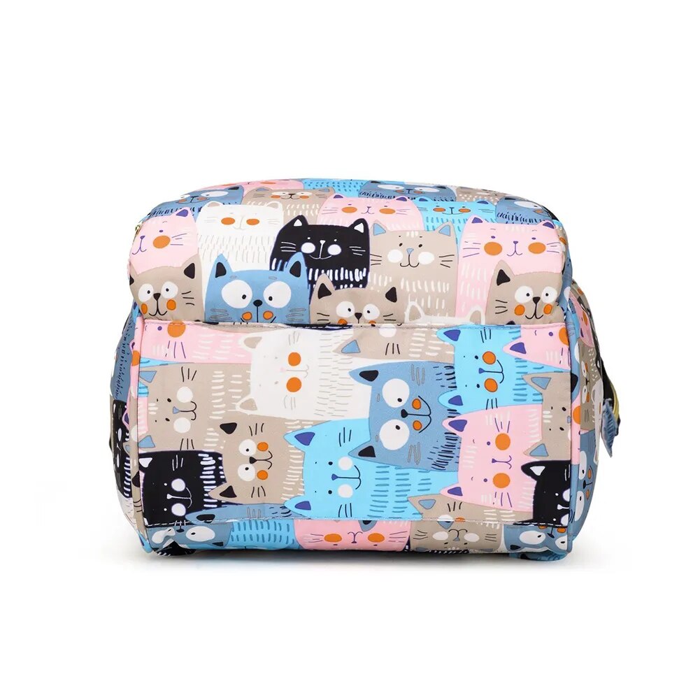 Bolsa de pañales con estampado de gatos de arco iris para mamá, pañales portátiles de viaje de gran capacidad, botella de leche, mochila para cochecito