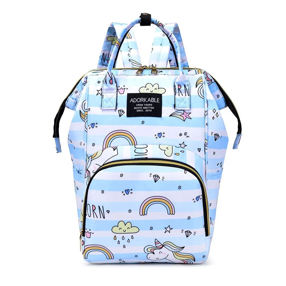 Bolsa de pañales con estampado de gatos de arco iris para mamá, pañales portátiles de viaje de gran capacidad, botella de leche, mochila para cochecito