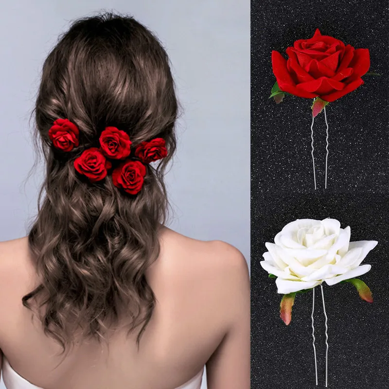 Horquillas rojas en forma de U para mujer, accesorios para el cabello de boda, horquillas de flores rosas, tocado de novia, joyería para el cabello