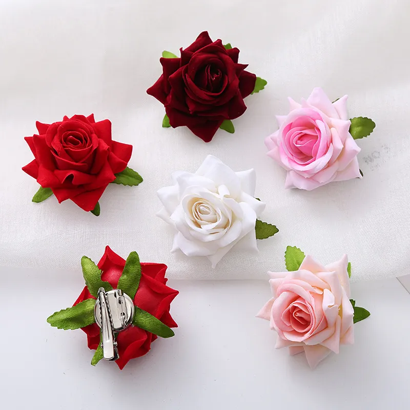 Horquillas rojas en forma de U para mujer, accesorios para el cabello de boda, horquillas de flores rosas, tocado de novia, joyería para el cabello