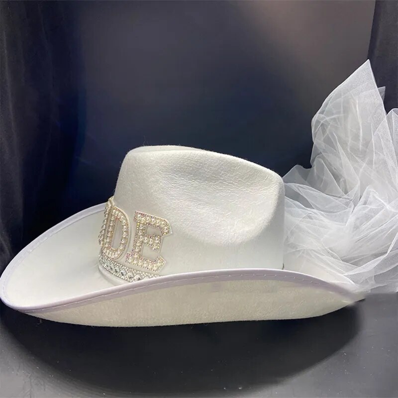 Sombrero de vaquero con velo para novia, gorro de playa con velo largo, accesorio de vestido elegante occidental, 1 unidad
