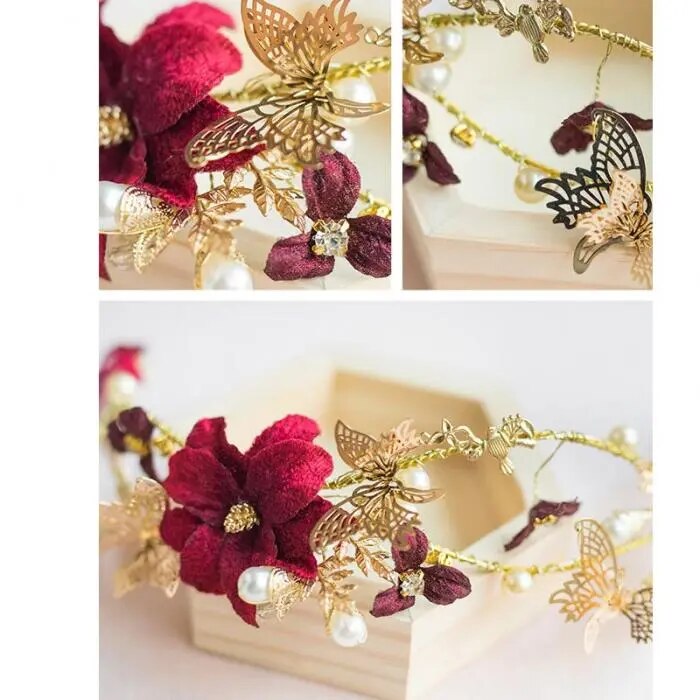 Diadema nupcial de flores rojas para mujer, diadema de perlas de cristal de Color dorado, corona de boda, accesorios de joyería para el cabello de novia