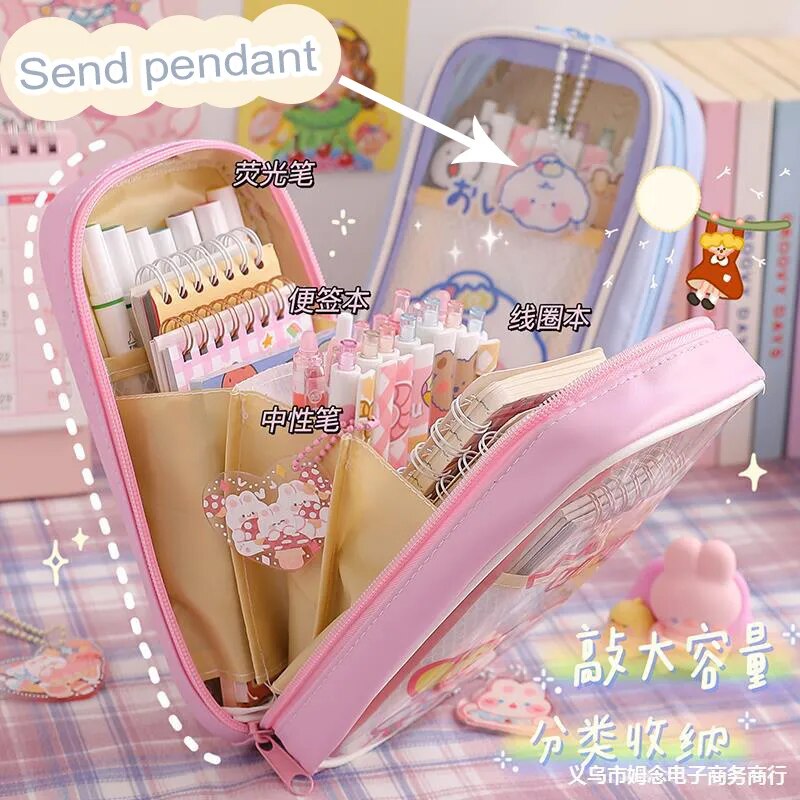 Estuche transparente Kawaii para lápices, bolsa impermeable de gran capacidad para bolígrafos, caja bonita para estudiantes, suministros escolares, regalo de papelería