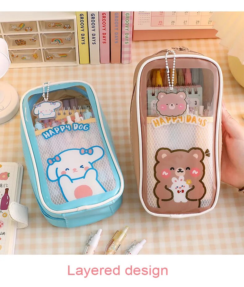 Estuche transparente Kawaii para lápices, bolsa impermeable de gran capacidad para bolígrafos, caja bonita para estudiantes, suministros escolares, regalo de papelería