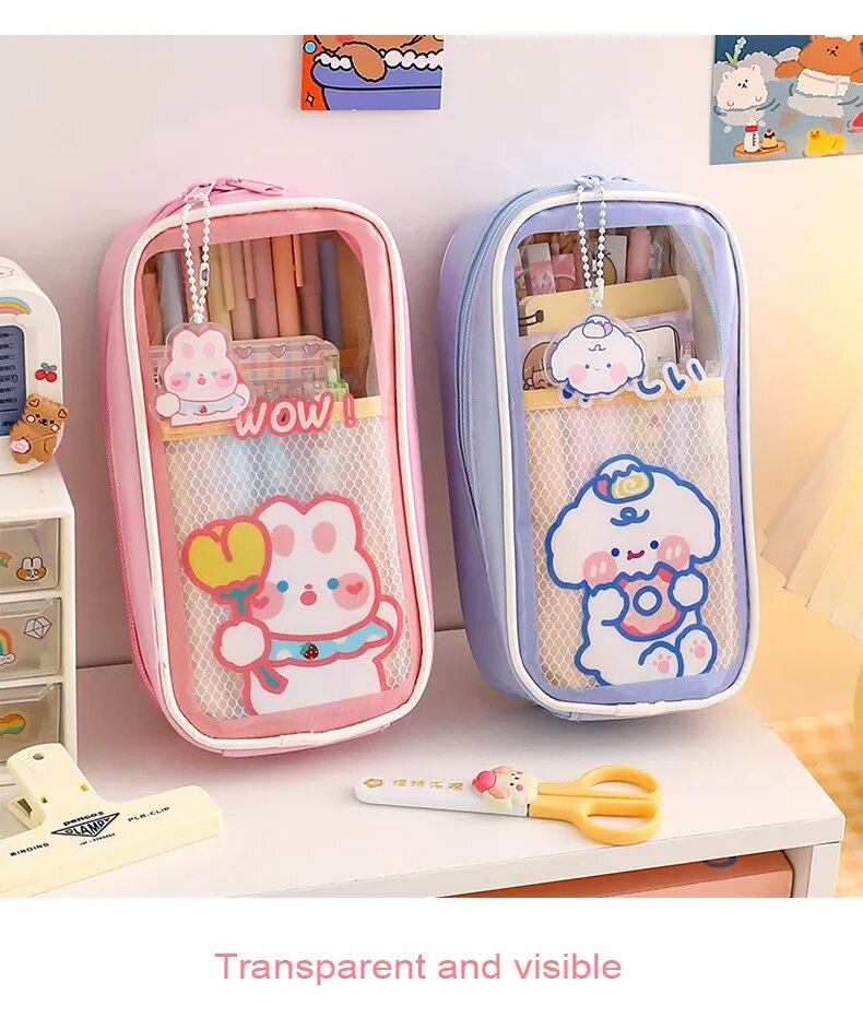 Estuche transparente Kawaii para lápices, bolsa impermeable de gran capacidad para bolígrafos, caja bonita para estudiantes, suministros escolares, regalo de papelería