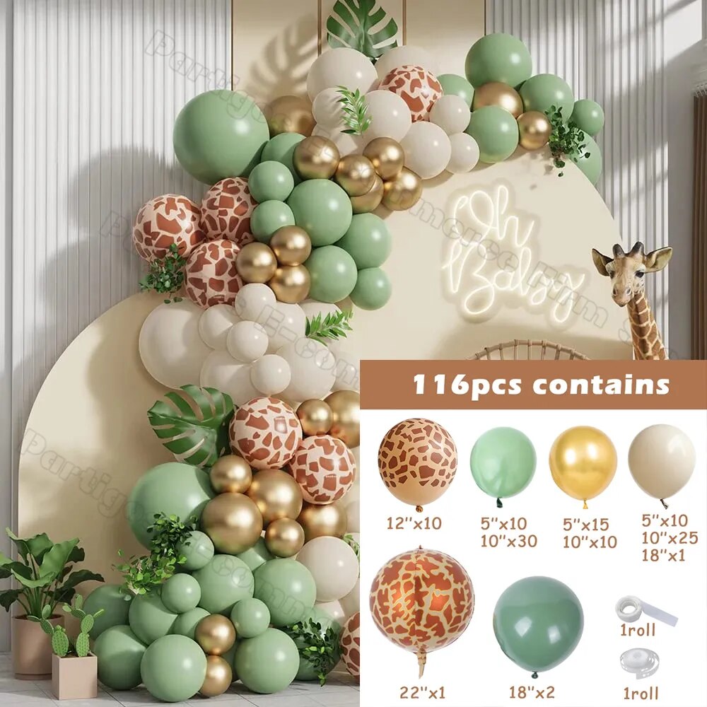 Guirnalda de globos con estampado de jirafa para fiesta de cumpleaños de piezas, decoración salvaje para Baby Shower, arco de globos verde salvia rosa, 116