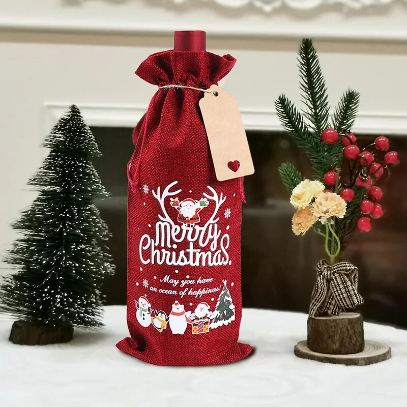 Bolsas de vino de arpillera navideña, decoraciones navideñas para el hogar, fundas para botellas de vino de Navidad, Noel Kerst Natal, Año Nuevo 2023, 2024