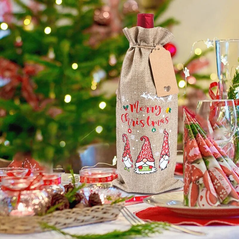 Bolsas de vino de arpillera navideña, decoraciones navideñas para el hogar, fundas para botellas de vino de Navidad, Noel Kerst Natal, Año Nuevo 2023, 2024