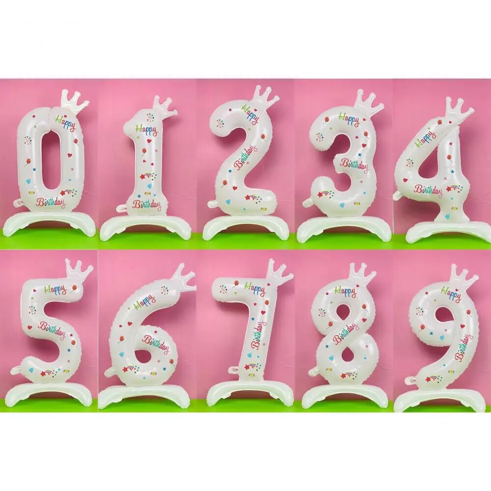 Globos de números blancos de corona de pie, accesorios de decoración de fiesta de cumpleaños de boda, película de aluminio, estilo Ins, 32 pulgadas