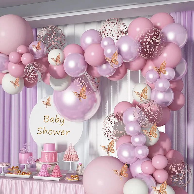 Kit de arco de guirnalda de globos rosas, pegatinas de mariposa, globos dorados de látex Rosa caliente para fiesta de cumpleaños y boda, decoración de baño de bebé