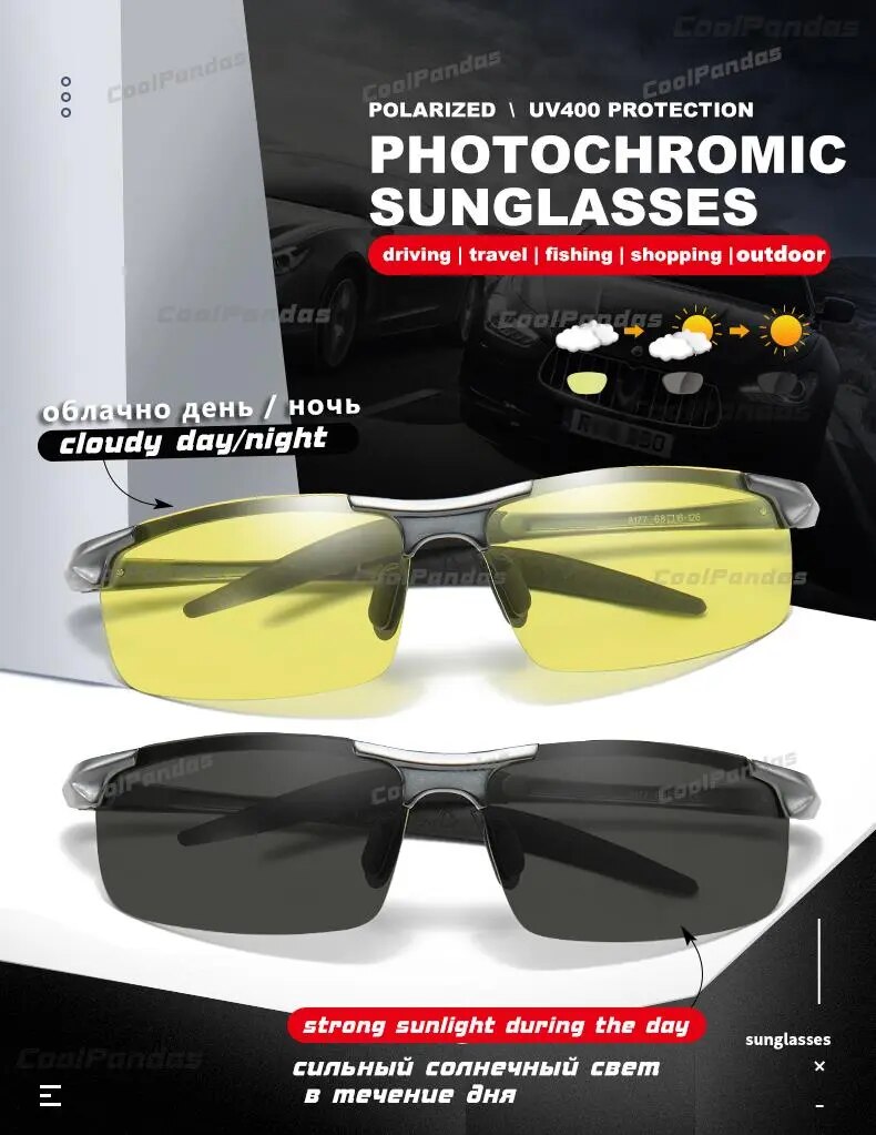 Zonnebril heren-gafas de sol de aluminio antideslumbrantes para hombre, lentes de conducción de día y noche, polarizadas, fotocromáticas, UV400