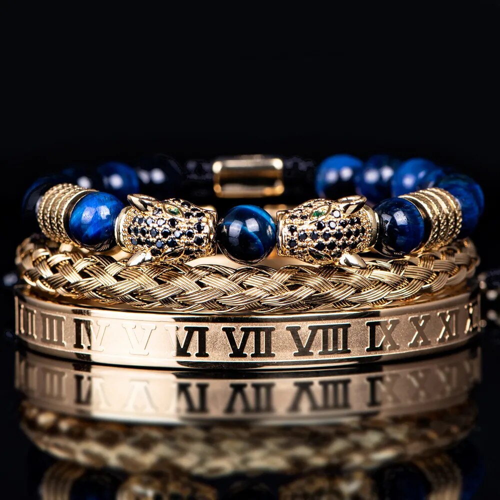 Juego de pulseras de números romanos hechas a mano para hombres, Color dorado, doble cabeza de leopardo, accesorios de joyería hechos a mano