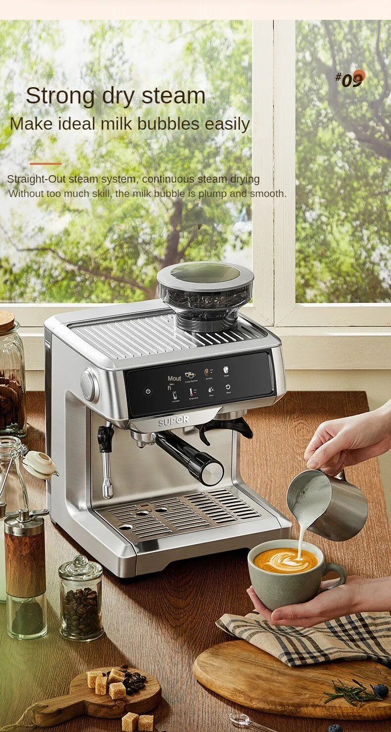 Máquina de café eléctrica italiana, máquina de Espresso semiautomática, 15bar, bomba de presión con molinillo de café, Espumador de leche