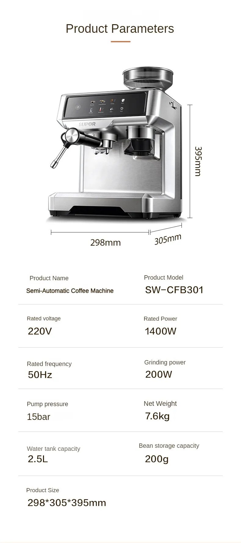 Máquina de café eléctrica italiana, máquina de Espresso semiautomática, 15bar, bomba de presión con molinillo de café, Espumador de leche