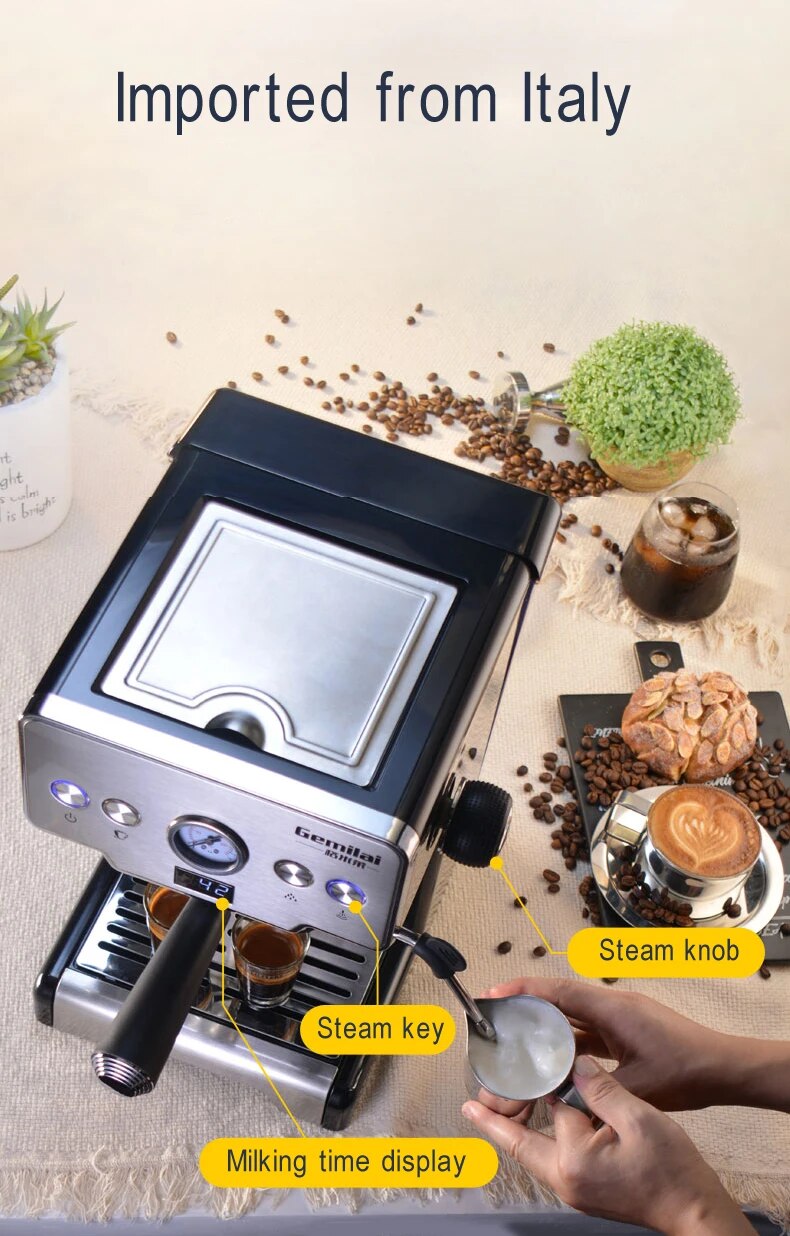 Máquina de café italiana de acero inoxidable, máquina de café semiautomática con burbujas de leche, Espresso, comercial, CRM3605, 15 Bar