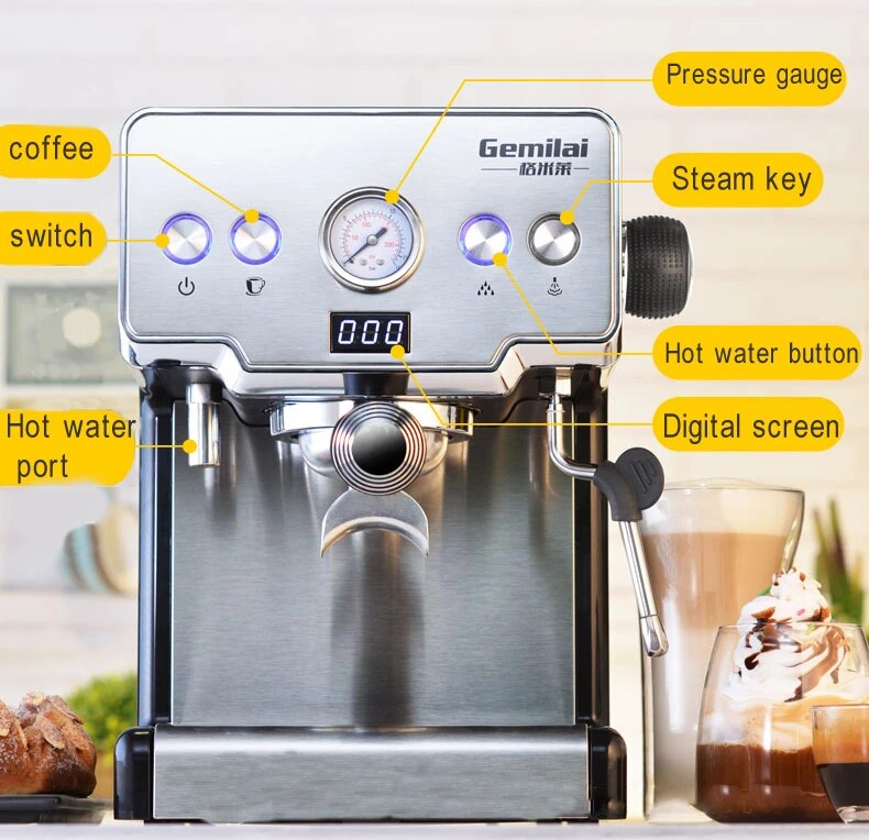 Máquina de café italiana de acero inoxidable, máquina de café semiautomática con burbujas de leche, Espresso, comercial, CRM3605, 15 Bar