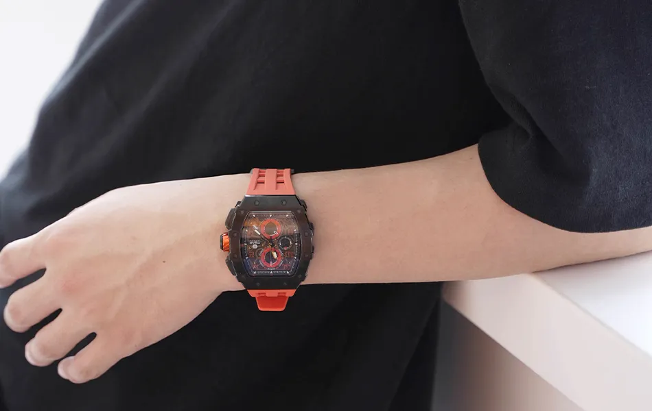 TSAR BOMBA Relojes para hombre con movimiento japonés, reloj de pulsera Tonneau de zafiro, cronógrafo resistente al agua, fecha, reloj rojo, regalo de lujo para hombres