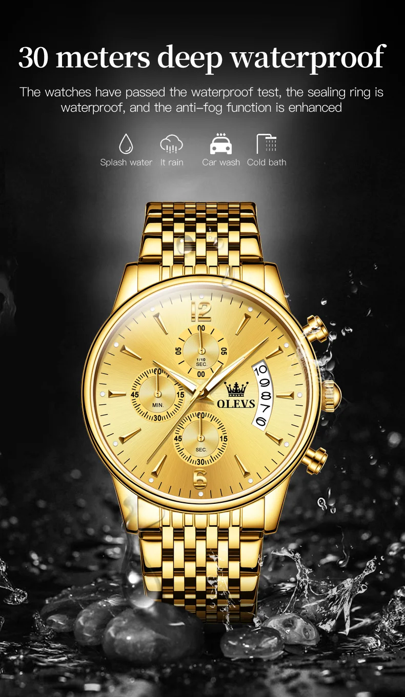 OLEVS-Reloj de pulsera de acero inoxidable para hombre, cronógrafo de cuarzo luminoso, resistente al agua, con caja de regalo