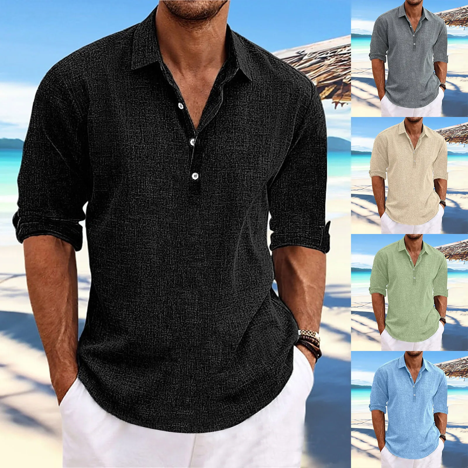 Camisa holgada de manga larga para hombre, ropa informal Vintage de algodón y lino, Color sólido