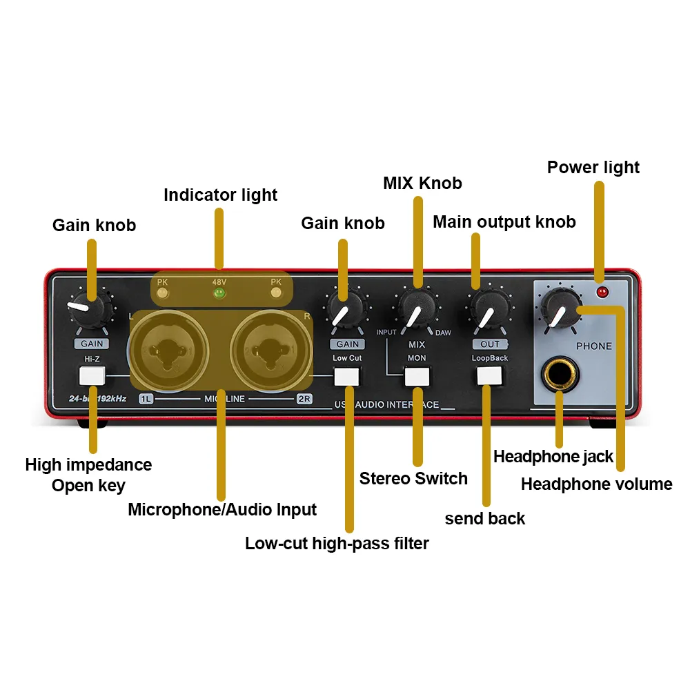 Depusheng MD22 interfaz de Audio tarjeta de sonido profesional con monitoreo guitarra eléctrica grabación en vivo para estudio canto Micro