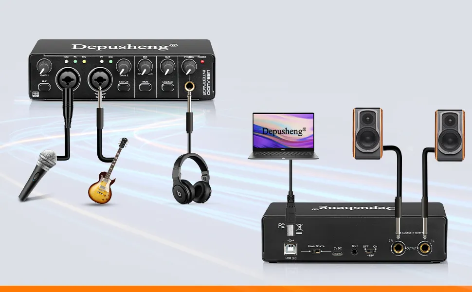 Depusheng MD22 interfaz de Audio tarjeta de sonido profesional con monitoreo guitarra eléctrica grabación en vivo para estudio canto Micro