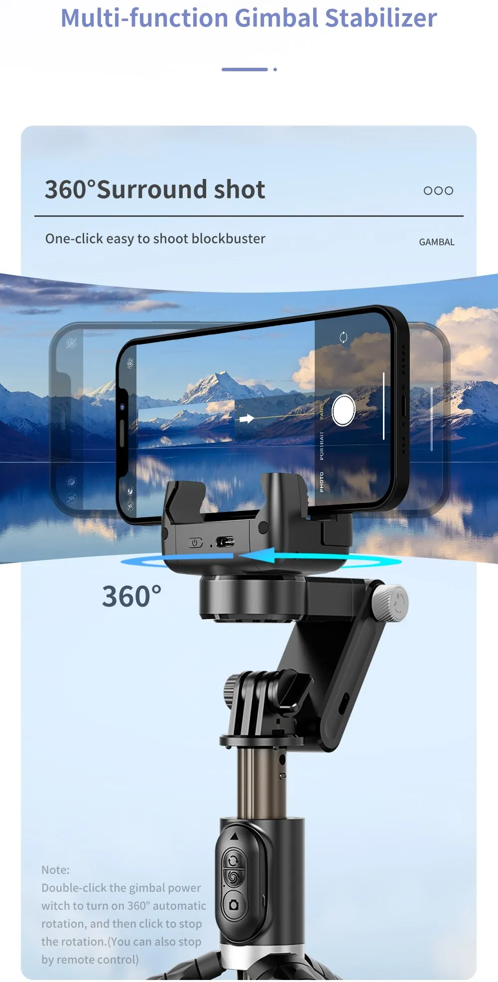 Estabilizador de cardán con rotación de 360 grados, palo de Selfie, trípode para iPhone, teléfono inteligente, fotografía en vivo