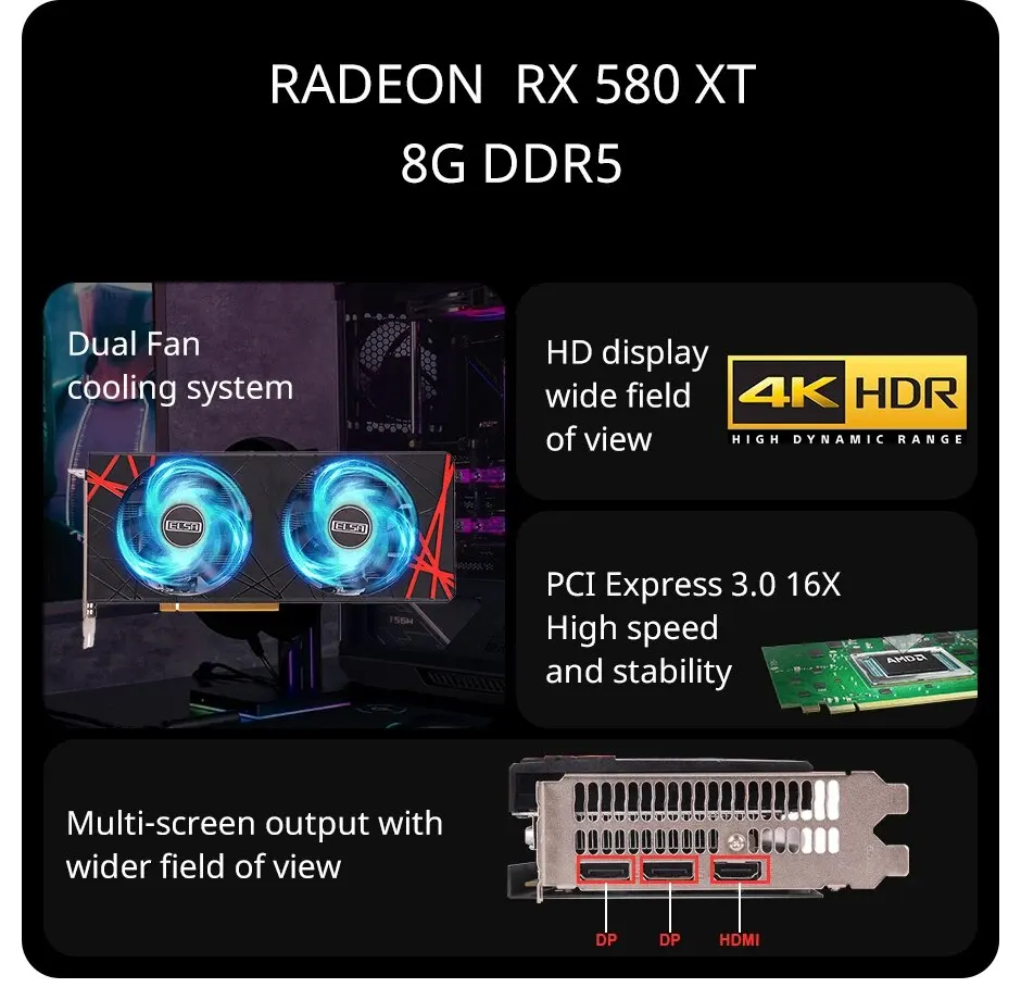 GPU ELSA AMD Radeon RX 580 8GB GDDR5 2048SP 256 bits negro para juegos de escritorio y tarjeta gráfica de oficina