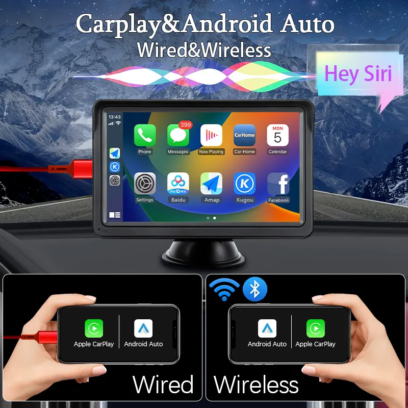 Hippcron-reproductor Multimedia de vídeo para coche, Radio con Android, CarPlay, pantalla táctil portátil de 7 pulgadas, USB, AUX, para cámara de visión trasera